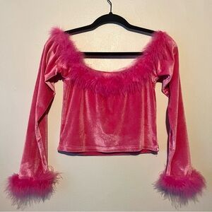 Sugar Thrillz (Dolls Kill) Size Large Pink Feather Lined Velvet Crop Top